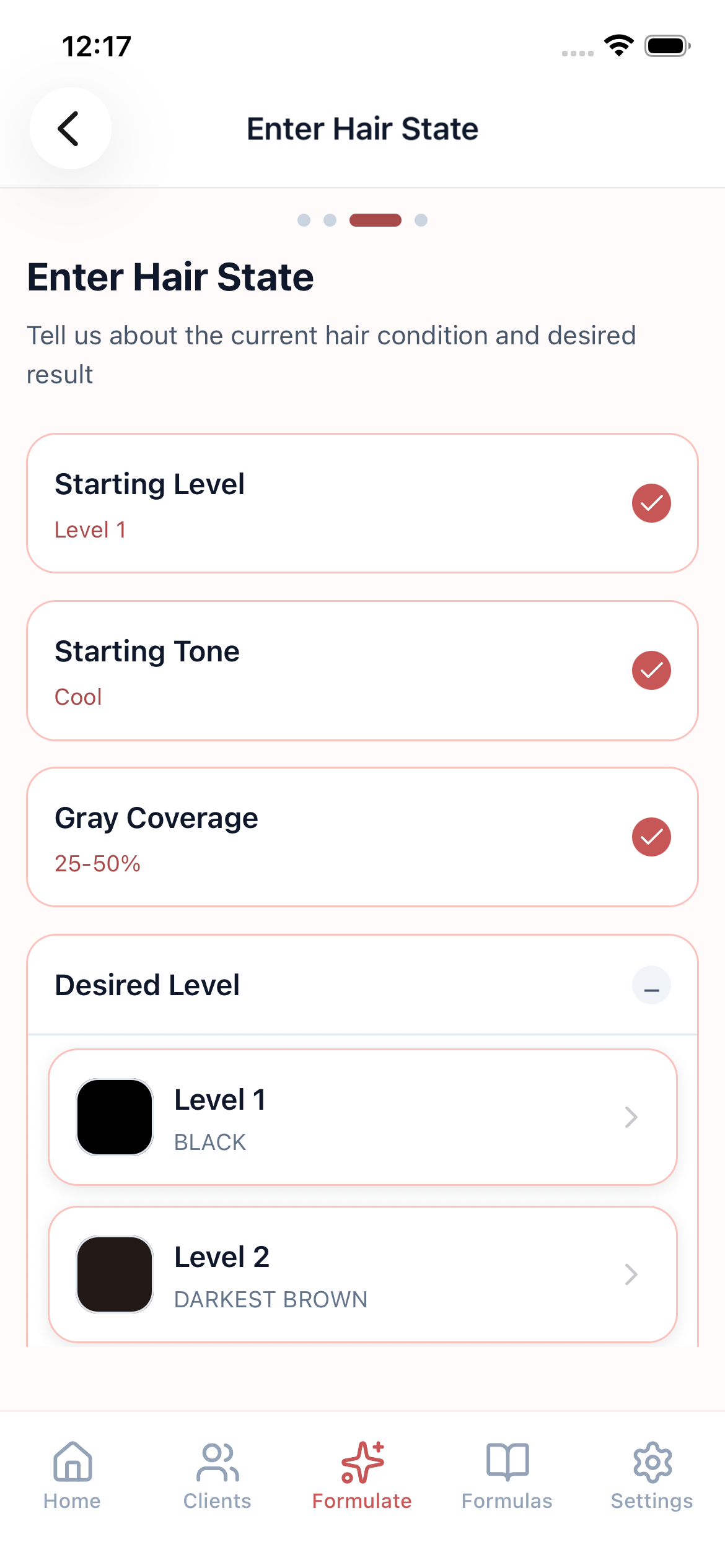 Visual hair state picker for level, tone, and gray coverage