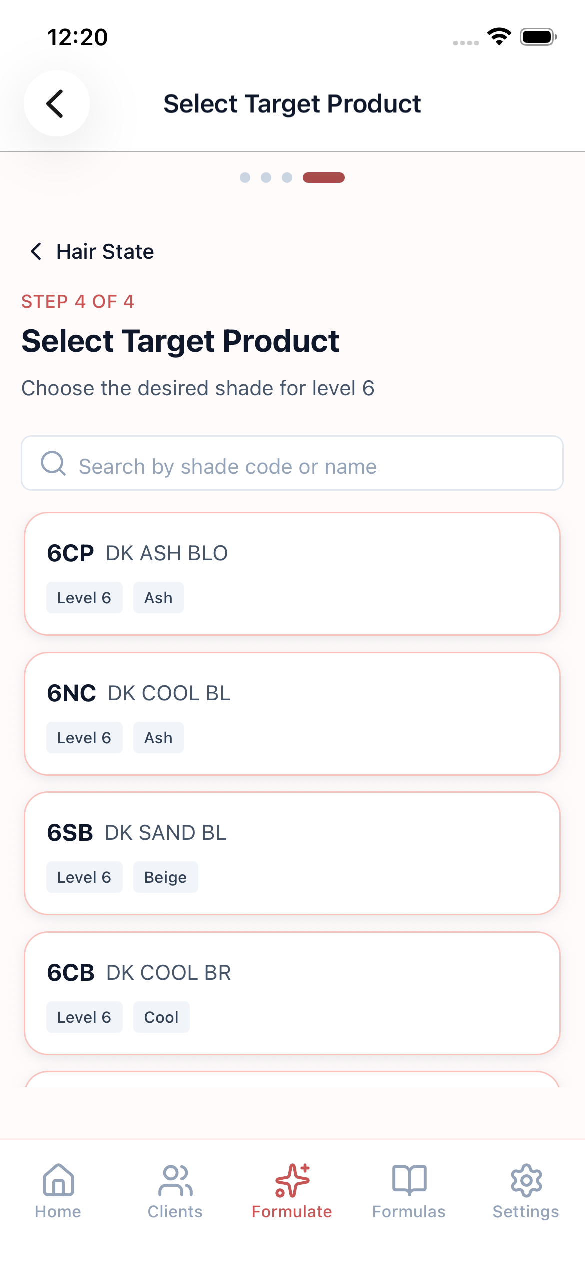Target shade selection filtered to feasible options